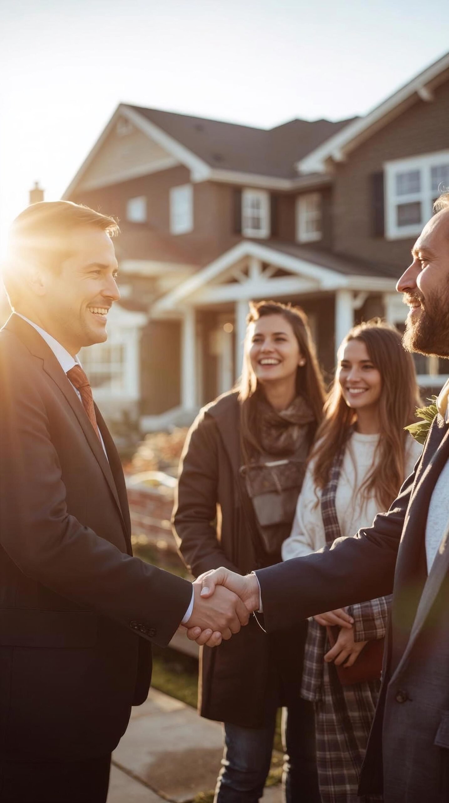 businessman shaking hands with family in front of their new house, signifying a real estate transaction and positive atmoshpere