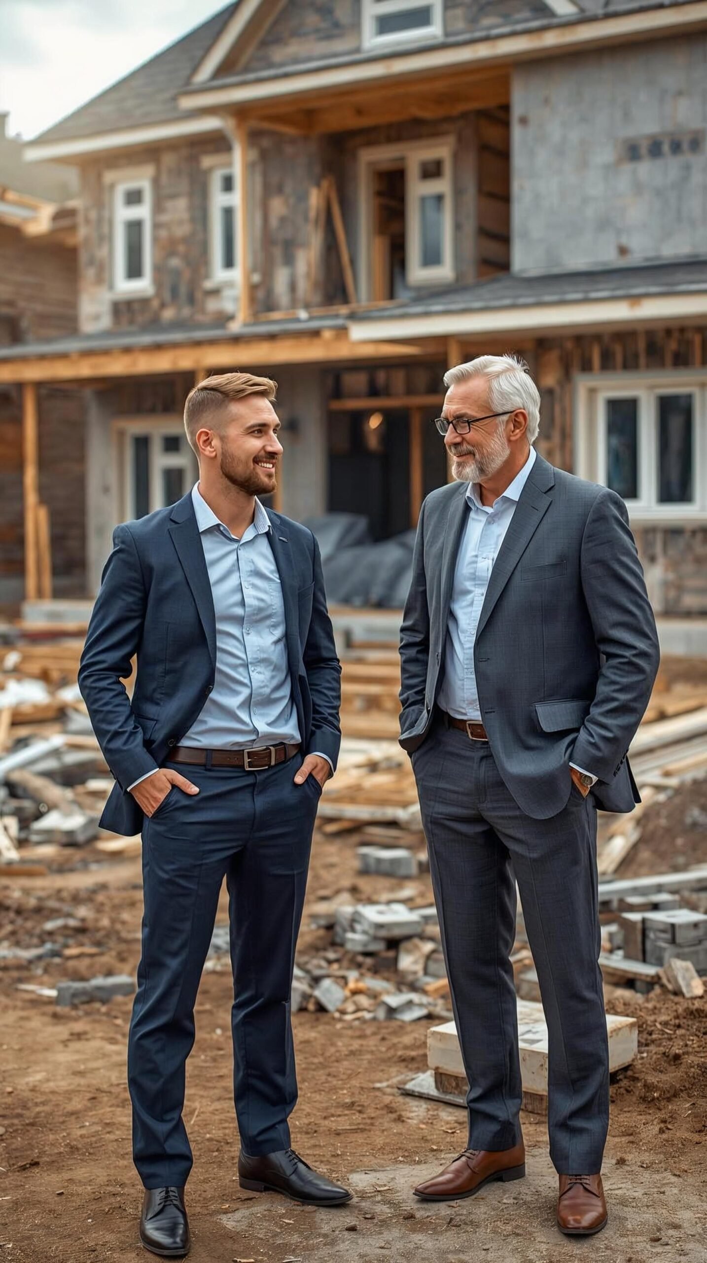 blond young owner with beard of house developing company positively talking with his father on the construction site of the houses(both well dressed) make it realistic as possible